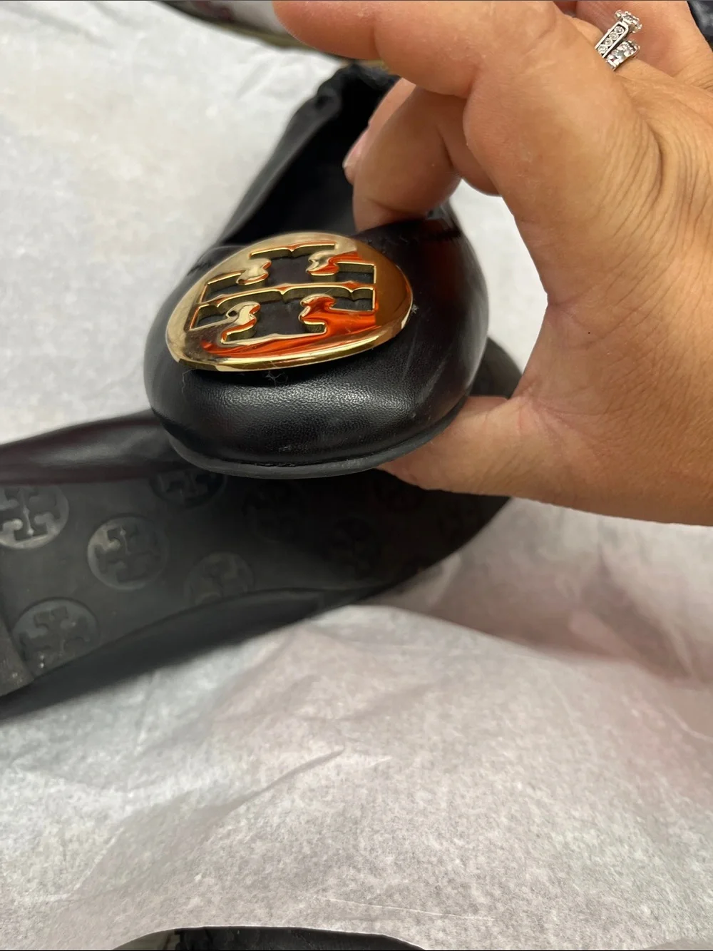 Tory Burch Black Leather Ballet Flats with Gold Logo Discs